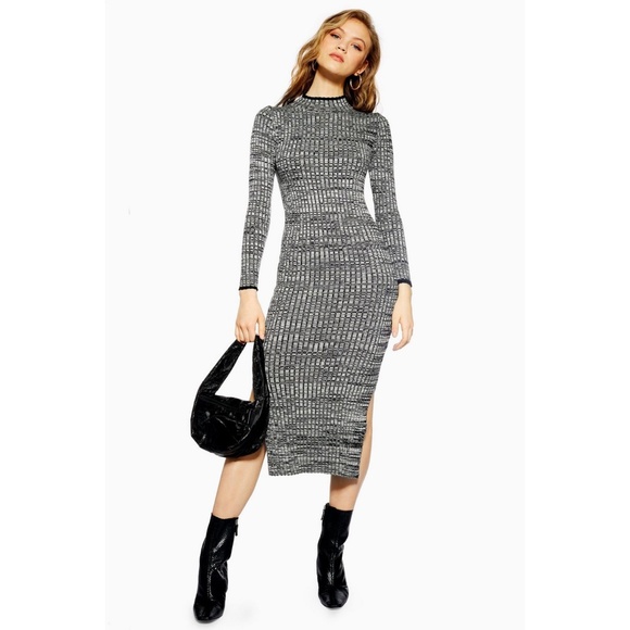 NWOT Black/Green Knitted Topshop Midi Dress 12/L - Picture 2 of 8